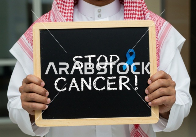 الحفاظ على الصحة الجسدية، بورتريه مقرب لشاب عربي خليجي سعودي يرتدي الزي التقليدي والشماغ يحمل لوحة بها شريط أزرق للتوعية بالأمراض ، حملات الإرشاد والتنبيه للكشف المبكر عن سرطان البروستات، شعار الوعي بسرطان البروستاتا