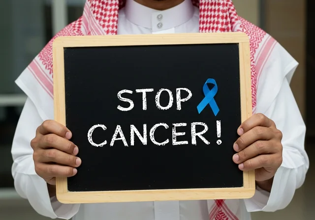 الحفاظ على الصحة الجسدية، بورتريه مقرب لشاب عربي خليجي سعودي يرتدي الزي التقليدي والشماغ يحمل لوحة بها شريط أزرق للتوعية بالأمراض ، حملات الإرشاد والتنبيه للكشف المبكر عن سرطان البروستات، شعار الوعي بسرطان البروستاتا