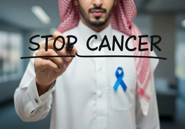 الحفاظ على الصحة الجسدية، بورتريه مقرب لشاب عربي خليجي سعودي يرتدي الزي التقليدي والشماغ يحمل لوحة بها شريط أزرق للتوعية بالأمراض ، حملات الإرشاد والتنبيه للكشف المبكر عن سرطان البروستات، شعار الوعي بسرطان البروستاتا