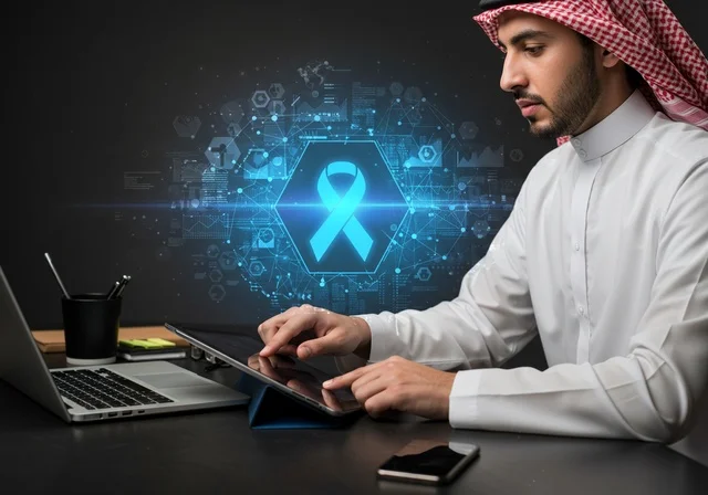 Using a laptop, the prostate cancer awareness logo with hologram technology, maintaining physical health, guidance and alert campaigns for early detection of prostate cancer, a close-up portrait of a young Arab Gulf Saudi man wearing traditional attire and a ghutrah using a laptop.