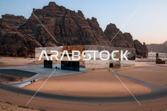 انعكاس القمم والمرتفعات الجبلية على مسرح المرايا في محافظة العلا بالمملكة العربية السعودية، الفن الهندسي المعماري، معالم اثرية تاريخية قديمة، السياحة في السعودية، التكوينات الصخرية في المناطق الصحراوية