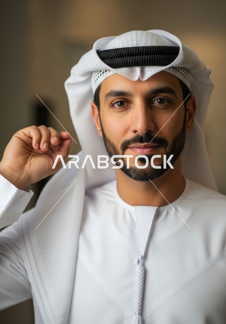 مفهوم الأناقة والوسامة، الاهتمام بالمظهر الخارجي، بورتريه مقرب لرجل عربي خليجي اماراتي يرتدي الكندورة والغترة ينظر إلى الكاميرا بإيماءات السرور والسعادة، خلفية بيضاء