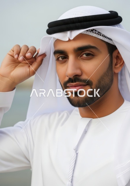 مفهوم الأناقة والوسامة، الاهتمام بالمظهر الخارجي، بورتريه مقرب لرجل عربي خليجي اماراتي يرتدي الكندورة والغترة ينظر إلى الكاميرا بإيماءات السرور والسعادة، خلفية بيضاء