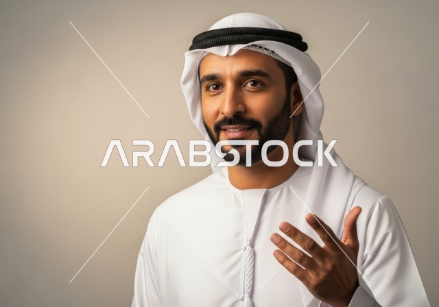 مفهوم الأناقة والوسامة، الاهتمام بالمظهر الخارجي، بورتريه مقرب لرجل عربي خليجي اماراتي يرتدي الكندورة والغترة ينظر إلى الكاميرا بإيماءات السرور والسعادة، خلفية بيضاء
