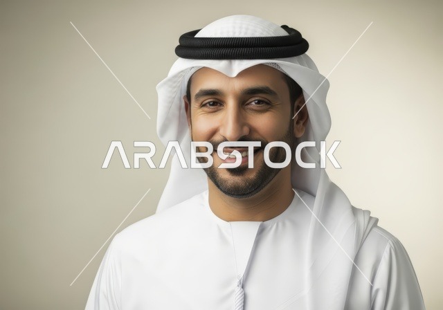 مفهوم الأناقة والوسامة، الاهتمام بالمظهر الخارجي، بورتريه مقرب لرجل عربي خليجي اماراتي يرتدي الكندورة والغترة ينظر إلى الكاميرا بإيماءات السرور والسعادة، خلفية بيضاء