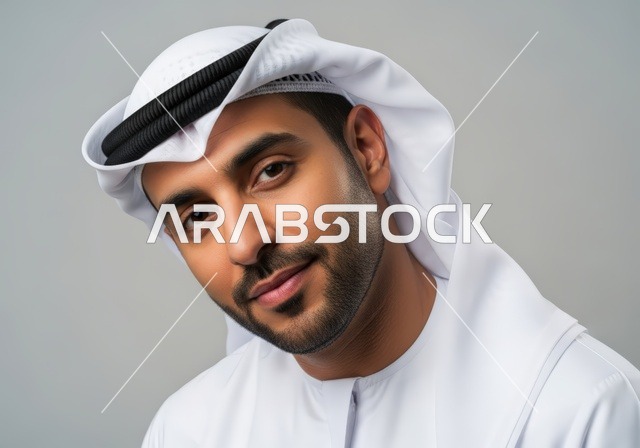 مفهوم الأناقة والوسامة، الاهتمام بالمظهر الخارجي، بورتريه مقرب لرجل عربي خليجي اماراتي يرتدي الكندورة والغترة ينظر إلى الكاميرا بإيماءات السرور والسعادة، خلفية بيضاء