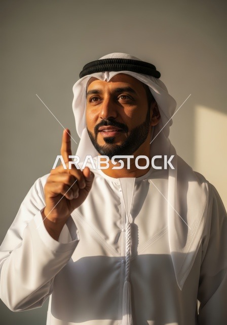 رفع اصبع السبابة، مفهوم الأناقة والوسامة، الاهتمام بالمظهر الخارجي، بورتريه مقرب لرجل عربي خليجي اماراتي يرتدي الكندورة والغترة ينظر إلى الكاميرا بإيماءات السرور والسعادة، خلفية بيضاء
