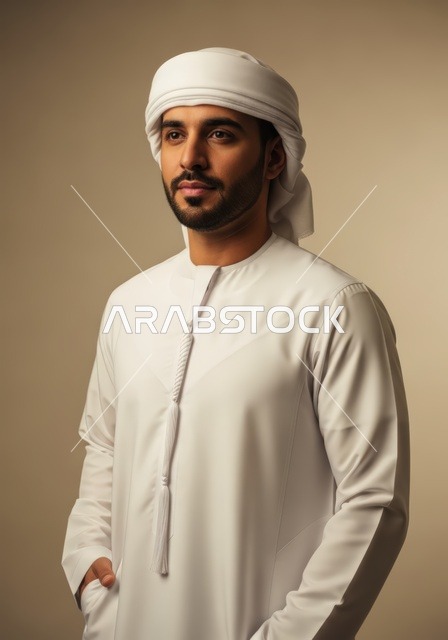مفهوم الأناقة والوسامة، الاهتمام بالمظهر الخارجي، بورتريه لشاب عربي خليجي اماراتي يرتدي الكندورة والغترة ينظر إلى شيء ما بإيماءات السرور والسعادة، خلفية بيضاء