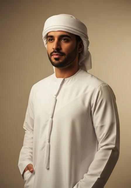 مفهوم الأناقة والوسامة، الاهتمام بالمظهر الخارجي، بورتريه لشاب عربي خليجي اماراتي يرتدي الكندورة والغترة ينظر إلى شيء ما بإيماءات السرور والسعادة، خلفية بيضاء