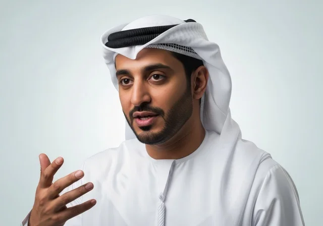 مفهوم الأناقة والوسامة، الاهتمام بالمظهر الخارجي، بورتريه مقرب لشاب عربي خليجي اماراتي يرتدي الكندورة والغترة يقوم بالتحدث الى احد ما بإيماءات السرور والسعادة، خلفية بيضاء