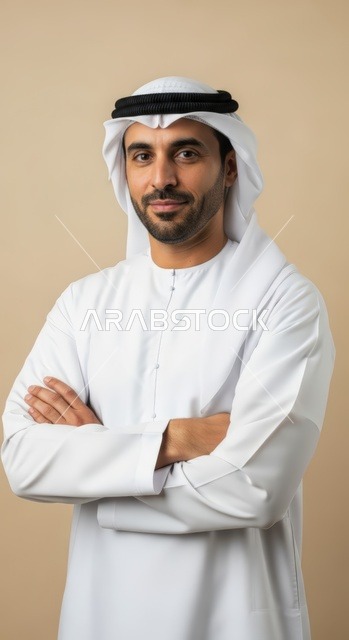A confident Emirati man wearing traditional attire, smiling with his arms crossed against a neutral background.