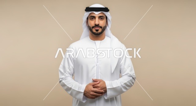 Standing with intertwined hands in gestures of joy and happiness, the concept of elegance and handsomeness, attention to external appearance, a portrait of a young Arab Gulf Emirati man wearing a kandura and ghutrah looking at the camera, with a white background.