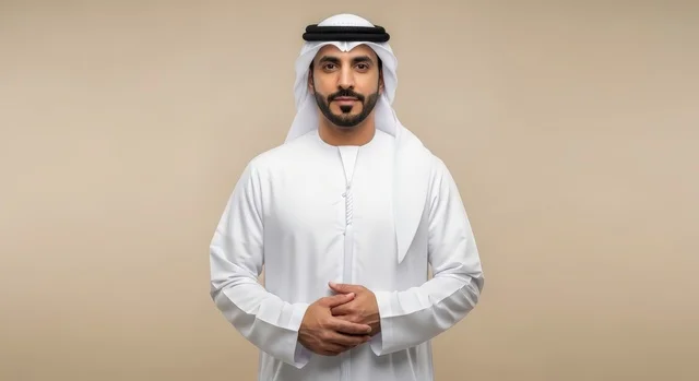 Standing with intertwined hands in gestures of joy and happiness, the concept of elegance and handsomeness, attention to external appearance, a portrait of a young Arab Gulf Emirati man wearing a kandura and ghutrah looking at the camera, with a white background.