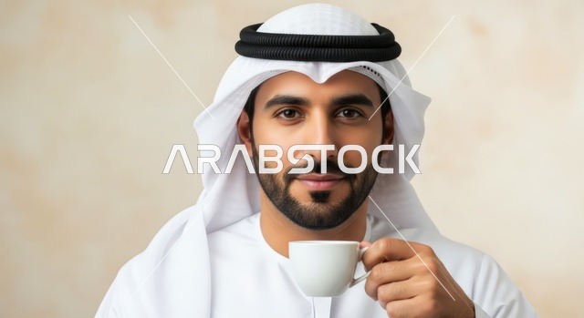 التلذذ بالمشروبات الساخنة، مفهوم الأناقة والوسامة، الاهتمام بالمظهر الخارجي، بورتريه مقرب لشاب عربي خليجي اماراتي يرتدي الكندورة والغترة يقوم بشرب فنجان من القهوة، خلفية بيضاء