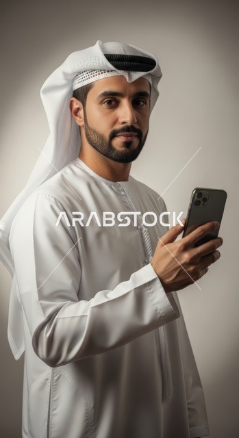 استخدام جهاز تقني حديث، تصفح مواقع التواصل الاجتماعي، بورتريه لرجل عربي خليجي اماراتي يرتدي  الزي التقليدي يحمل بيده الهاتف المحمول، خلفية بيضاء