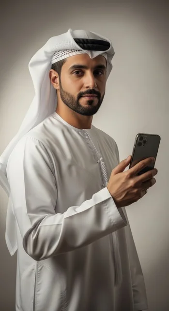 Using a modern technical device, browsing social media, a portrait of an Arab Gulf Emirati man wearing traditional attire holding a mobile phone in his hand, white background.
