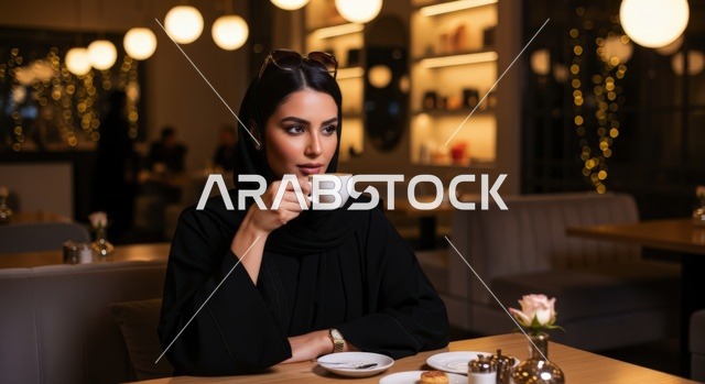 تناول القهوة الساخنة، سيدة عربية خليجية سعودية محجبة ترتدي عباءة تجلس في إحدى المقاهي الراقية، قضاء وقت ممتع خارج المنزل