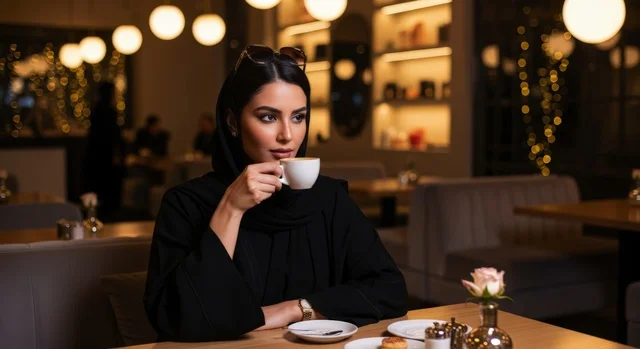 تناول القهوة الساخنة، سيدة عربية خليجية سعودية محجبة ترتدي عباءة تجلس في إحدى المقاهي الراقية، قضاء وقت ممتع خارج المنزل