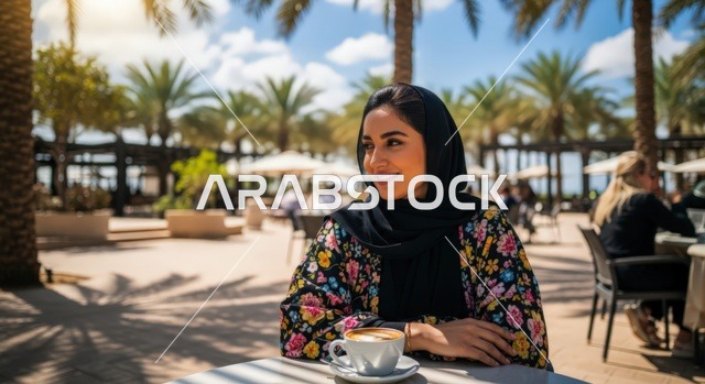 تناول القهوة الساخنة، سيدة عربية خليجية سعودية محجبة ترتدي عباءة تجلس في إحدى المقاهي الراقية، قضاء وقت ممتع خارج المنزل