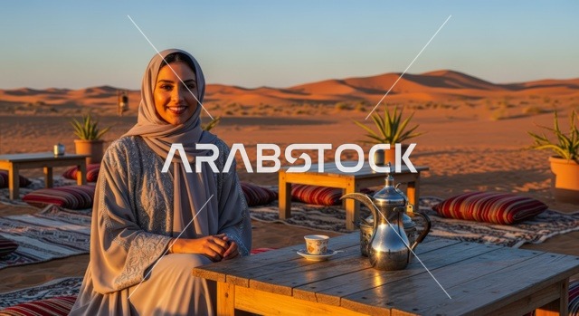 تناول القهوة الساخنة، سيدة عربية خليجية سعودية محجبة ترتدي عباءة تجلس في جلسة شعبية في وسط الصحراء، قضاء وقت ممتع خارج المنزل