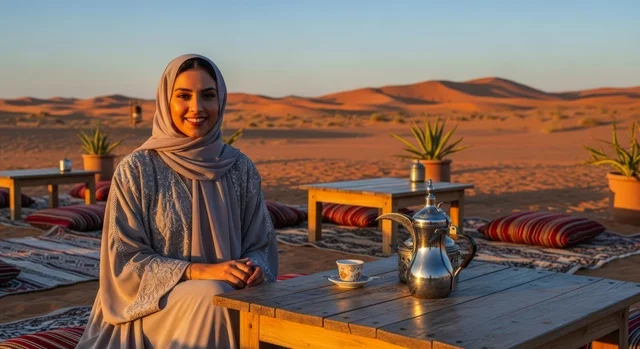 تناول القهوة الساخنة، سيدة عربية خليجية سعودية محجبة ترتدي عباءة تجلس في جلسة شعبية في وسط الصحراء، قضاء وقت ممتع خارج المنزل