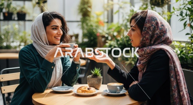 الاستمتاع مع الاصدقاء، تناول القهوة الساخنة، سيدة عربية خليجية سعودية محجبة ترتدي عباءة تجلس مع صديقتها في مقهى راقي ، قضاء وقت ممتع خارج المنزل