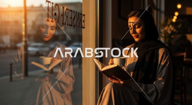 مفهوم التثقيف الذاتي ،ممارسة هواية المطالعة ، سيدة عربية خليجية سعودية محجبة ترتدي عباءة تقوم بقراءة كتاب ، الكتب و القصص و الروايات الممتعة