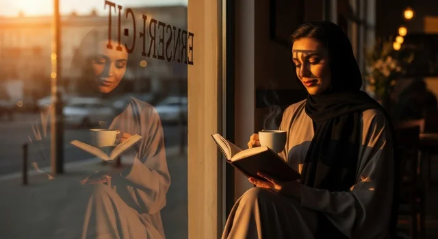 مفهوم التثقيف الذاتي ،ممارسة هواية المطالعة ، سيدة عربية خليجية سعودية محجبة ترتدي عباءة تقوم بقراءة كتاب ، الكتب و القصص و الروايات الممتعة