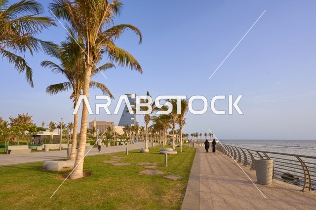 زراعة الأشجار والنباتات الخضراء لجذب السياح، الكورنيش المطل على ساحل البحر الأحمر, مناطق جذب الزوار إلى مدينة جدة الساحلية, معالم وأماكن سياحية مشهورة, الواجهة البحرية في المملكة العربية السعودية, المناظر الطبيعية المائية