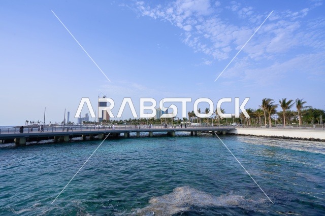 لون البحر الأزرق انعكاس للون السماء الزرقاء الصافيه، الكورنيش المطل على ساحل البحر الأحمر, مناطق جذب الزوار إلى مدينة جدة الساحلية, معالم وأماكن سياحية مشهورة, الواجهة البحرية في المملكة العربية السعودية, المناظر الطبيعية المائية، الاهتمام بزراعة الأشجار