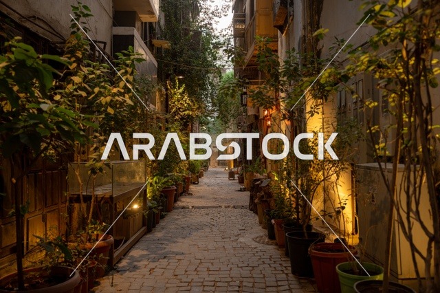 الازقة الضيقة المليئة بالنباتات الخضراء، الرواشين القديمه في المدينة التاريخية في جدة، تصميم معماري عربي و إسلامي قديم، البيوت الأثرية في البلد التاريخي في جدة, أماكن سياحية تراثية شعبية في المملكة العربية السعودية، المعالم التاريخية في حي البلد