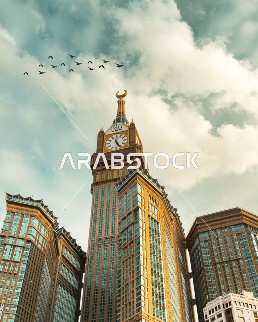 الفن الهندسي المعماري لبرج الساعة في الحرم المكي الشريف، أداء مناسك الحج والعمرة في مكة المكرمة، العبادة والتقرب الى الله تعالى، الأماكن والمعالم الدينية الاسلامية المقدسة في المملكة العربية السعودية، طيور في السماء الزرقاء