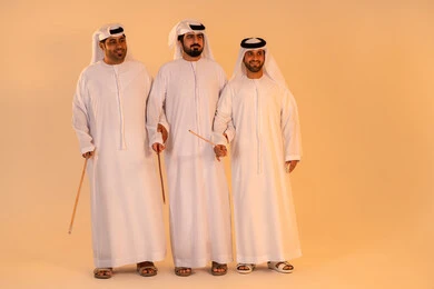 Celebrating national and heritage occasions, performing Emirati folk arts, a portrait of a group of Arab Gulf Emirati men wearing the kandura and ghutrah performing the traditional Ayala dance, gestures of joy and pride in national identity, preserving cultural heritage and authentic customs.
