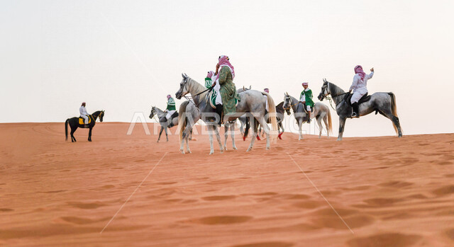 مجموعة من الفرسان السعوديون يمتطون الخيل بسرعة عالية في صحراء السعودية الخلابة ، علم المملكة العربية السعودية ، ترويض الخيول ، تدريب الخيول، الخيل العربي الأصيل ، هواية ركوب الخيل ، الفروسية ، مهارات وأنشطة ترفيهية ، اليوم الوطني السعودي