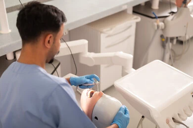 تنظيف الأسنان المتأثرة بالتسوس، صورة من الخلف لطالب جامعي بكلية الأسنان يرتدي القفازات يقوم بفحص مجسم به طاقم أسنان، مفهوم التدريب العملي، المعدات والادوات اللازمة لإجراء الفحوصات, الأساليب العلاجية المتبعة للعناية بالفم