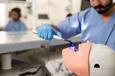 استخدام معدات وأدوات طب الأسنان، معالجة التسوس وتركيب الحشوات، تصوير مقرب لطالب جامعي عربي خليجي سعودي بكلية الأسنان يرتدي القفازات يقوم بفحص مجسم طاقم أسنان، مفهوم التدريب العملي، الأساليب العلاجية المتبعة للعناية بالفم