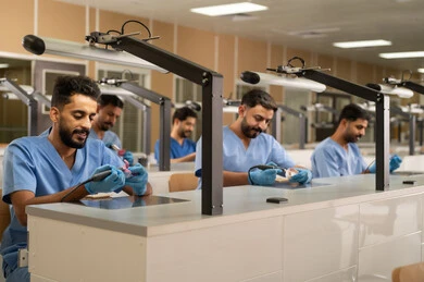 معالجة النخر السني واستكماله بتركيب الحشوات، مجموعة من الطلاب الجامعيين بكلية الأسنان يرتدون القفازات يقومون بفحص مجسم طاقم أسنان، استخدام معدات وأدوات طب الأسنان، الأساليب العلاجية المتبعة للعناية بالفم