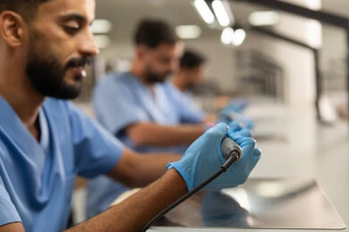 تنظيف تجاويف التسوس وتركيب الحشو العلاجي، مجموعة من الطلاب الجامعيين بكلية الأسنان يرتدون القفازات يقومون بفحص مجسم طاقم أسنان، استخدام معدات وأدوات طب الأسنان، الأساليب العلاجية المتبعة للعناية بالفم