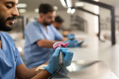 Removal of damage caused by decay and restoration of teeth with fillings, a group of university students from the dental college wearing gloves examining a dental prosthesis model, using dental equipment and tools, the therapeutic methods followed for oral care.