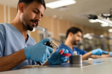 معالجة الأسنان المتآكلة بسبب التسوس ووضع الحشوات، مجموعة من الطلاب الجامعيين بكلية الأسنان يرتدون القفازات يقومون بفحص مجسم طاقم أسنان، استخدام معدات وأدوات طب الأسنان، الأساليب العلاجية المتبعة للعناية بالفم