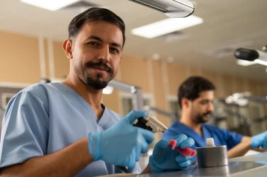 علاج تجاويف الأسنان وتركيب الحشوات السنية، مجموعة من الطلاب الجامعيين بكلية الأسنان يرتدون القفازات يقومون بفحص مجسم طاقم أسنان، استخدام معدات وأدوات طب الأسنان، الأساليب العلاجية المتبعة للعناية بالفم