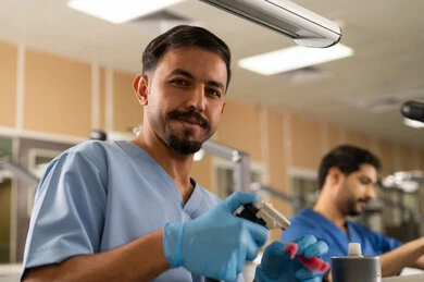 إزالة النخر وتركيب الحشوات لإعادة ترميم الأسنان، مجموعة من الطلاب الجامعيين بكلية الأسنان يرتدون القفازات يقومون بفحص مجسم طاقم أسنان، استخدام معدات وأدوات طب الأسنان، الأساليب العلاجية المتبعة للعناية بالفم