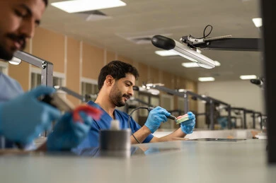 علاج نخر الأسنان ووضع الحشوات السنية، مجموعة من الطلاب الجامعيين بكلية الأسنان يرتدون القفازات يقومون بفحص مجسم طاقم أسنان، استخدام معدات وأدوات طب الأسنان، الأساليب العلاجية المتبعة للعناية بالفم