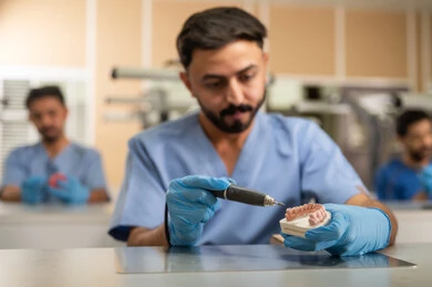 تنظيف التسوس وإصلاح الأسنان بالحشوات، مجموعة من الطلاب الجامعيين بكلية الأسنان يرتدون القفازات يقومون بفحص مجسم طاقم أسنان، استخدام معدات وأدوات طب الأسنان، الأساليب العلاجية المتبعة للعناية بالفم