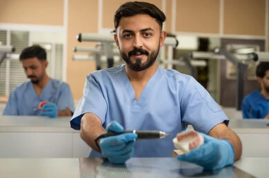 إزالة التسوس وترميم الأسنان بالحشوات، مجموعة من الطلاب الجامعيين بكلية الأسنان يرتدون القفازات يقومون بفحص مجسم طاقم أسنان، استخدام معدات وأدوات طب الأسنان، الأساليب العلاجية المتبعة للعناية بالفم