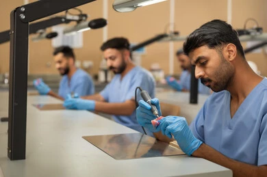 Treatment of tooth decay and placement of fillings, a group of university students in the dental college wearing gloves examining a dental prosthesis model, using dental equipment and tools, the therapeutic methods followed for oral care.