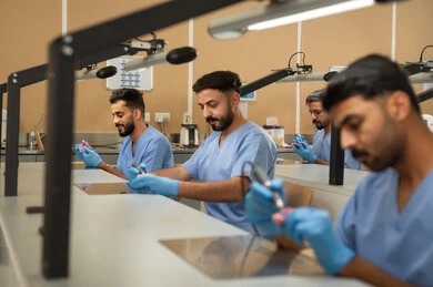 معالجة التسوس وتركيب الحشوات، مجموعة من الطلاب الجامعيين بكلية الأسنان يرتدون القفازات يقومون بفحص مجسم طاقم أسنان، استخدام معدات وأدوات طب الأسنان، الأساليب العلاجية المتبعة للعناية بالفم