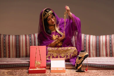 الحلي والاكسسوارات الفاخرة، منتجات ومساحيق التجميل، التقاليد في التقدم لطلب يد الفتاة، احتفالات سعيدة ومناسبات، صورة مقربة لسيدة عربية خليجية اماراتية تقوم باستعراض التحضيرات والتجهيزات للزفاف ترتدي الملابس التقليدية، إيماءات السعادة والفرح، الاحتفال بليلة العمر