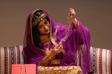 الاكسسوارات والحلي الفاخرة، منتجات ومساحيق التجميل، التقاليد في التقدم لطلب يد الفتاة، احتفالات سعيدة ومناسبات، صورة مقربة لسيدة عربية خليجية اماراتية تقوم باستعراض التحضيرات والتجهيزات للزفاف ترتدي الملابس التقليدية، إيماءات السعادة والفرح، الاحتفال بليلة العمر