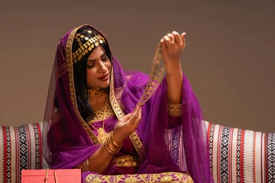 الذوق الرفيع في الحلي ، منتجات ومساحيق التجميل، التقاليد في التقدم لطلب يد الفتاة، احتفالات سعيدة ومناسبات، صورة مقربة لسيدة عربية خليجية اماراتية تقوم باستعراض التحضيرات والتجهيزات للزفاف ترتدي الملابس التقليدية، إيماءات السعادة والفرح، الاحتفال بليلة العمر